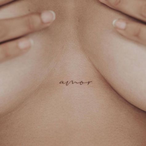 Amor Fine Line Tattoo, 4 Letter Word Tattoo, Portuguese Tattoo Ideas Symbols, Sternum Word Tattoo Women, Amor Neck Tattoo, Sternum Word Tattoo, Old Money Tattoo Ideas, Amor Font Tattoo, Amor Tattoo Fonts Words