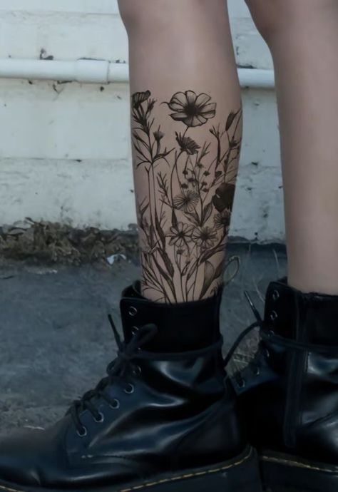 Botanical Leg Wrap Tattoo, Leg Fern Tattoo, Hip To Knee Tattoos Women, Flora And Fauna Tattoo Sleeve, Leg Tattoos Floral, Floral Tattoo Leg Sleeve, Spooky Garden Tattoo, Floral Tattoo Design Leg, Ankle Calf Tattoos For Women