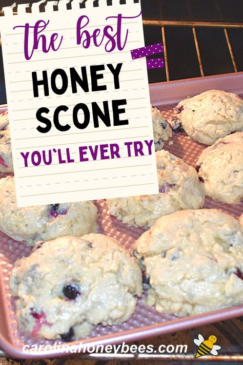 Easy and delicious - this honey scone with blueberries is almost too good to eat. Yes, you can bake your own scones at home and freeze them to enjoy later. #carolinahoneybees Honey Scones Recipe, Easy Honey Recipes, Honey Scones, Sweet Scones, Honey Uses, Blueberry Scones Recipe, How To Make Scones, Southern Biscuits, Lavender Recipes