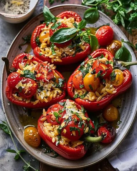 You searched for Orzo - Miarecipes Bell Peppers Stuffed, Red Bell Peppers, Healthy Food Dishes, Bell Peppers, Orzo, Beautiful Food, Food Dishes, Stuffed Bell Peppers, Basil