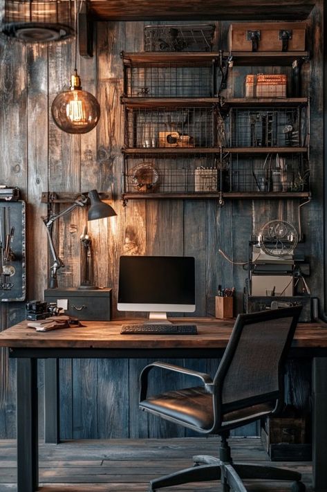 Cool Home Office Ideas For Men, Dark Office Ideas, Moody Office Ideas, Vintage Office Design, Rustic Workspace, Loft Workspace, Modern Rustic Office, Grand Office, Brave Space