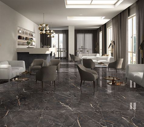 Kajaria Glazed Porcelain Tile - Black Marble, Costa Black, that lends grandeur to any looby or living room space. Great for commercial applications ! Black Tiles Floor Living Room, Black Marble Bedroom, Marble Flooring Design Living Room, Black Marble Living Room, Marble Floor Living Room, Luxury Rv Living, Marble Living Room, Living Room Marble, Floor Living Room