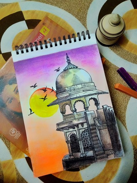 Pen drawing, soft pastel, water color Soft Pastel Drawing Ideas Easy, Drwng Ideas Color, Rajasthani Fort, Pastel Colour Painting, Drawing Soft Pastel, Soft Pastels Drawing, Rajasthani Art, Doodle Frame, Easy Love Drawings