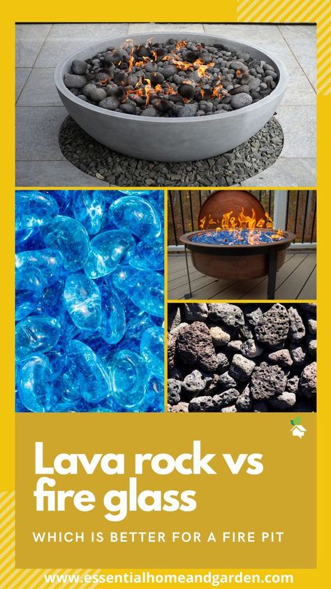 Pinterest collage from Essential Home and Garden showing different pictures of lava rock and fire glass Glass Fire Pit, Organic Aesthetic, Fire Glass, Diy Garden Projects, Lava Rock, Outdoor Fire Pit, Diy Home Improvement, Home Improvement Projects, Home Look