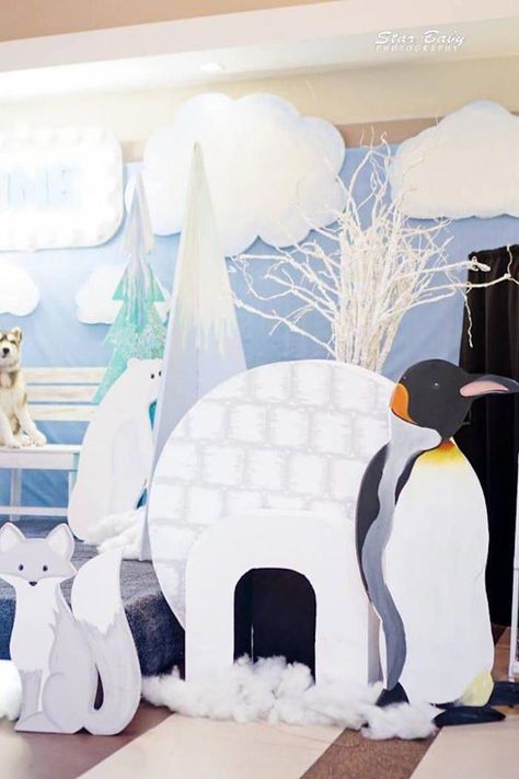 Arctic Animal + Igloo Standees from an Arctic Animal Birthday Party on Kara's Party Ideas | KarasPartyIdeas.com (25) #christmaspartyideas Arctic Decorations, Winter Wonderland-party, Penguin Birthday Party, Polo Nord, Snow Decorations, Spa Day Gifts, Scholastic Book Fair, Winter Wonderland Decorations, Penguin Birthday