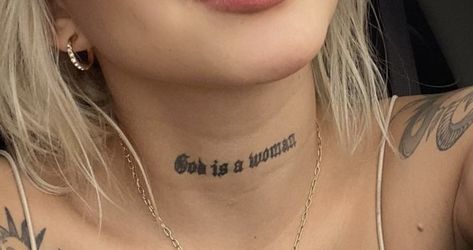 Tattoo On Throat Women, Throat Tatoos Woman, God Is A Woman Tattoo, Throat Tattoos Women Simple, Front Neck Tattoos Women, Word Neck Tattoos, Front Neck Tattoo, Tattood Girls, Girl Neck Tattoos