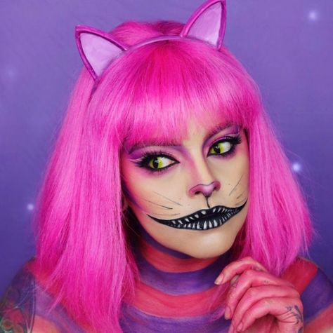 Halloween Costume Ideas With Pink Hair, Costume Ideas With Pink Hair, Halloween Makeup Pink Hair, Halloween Costumes For Pink Hair, Pink Haired Halloween Costumes, Pink Wig Halloween Costume Ideas, Pink Wig Halloween Costume, Costume With Pink Hair, Pink Cat Makeup