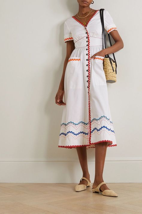 Poplin Midi Dress, Colorful Embroidery, Braided Sandals, Ric Rac, Handmade Dresses, Fashion Design Clothes, Blue Midi Dress, White Midi Dress, Linen Clothes