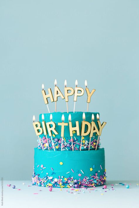 Turquoise birthday cake with sprinkles and gold candles spelling happy birthday Happy Birthday Candles Cake, Sprinkles Birthday Cake, Birthday Wishes For Brother, Happy Birthday Wishes Cake, Happy Birthday Cake Images, Birthday Wishes Cake, Happy Birthday Wishes Images, Happy Birthday Candles, Birthday Wishes And Images