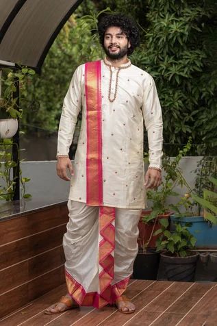 Shop for Hilo Design White Pattu Embroidered Kurta Dhoti Pant Set for Men Online at Aza Fashions Pattu Kurta For Men, Groom Wedding Outfits For Men, Marriage Outfits Men Indian, Dhoti Kurta For Men, Marriage Dress For Men, Groom Indian Wedding Outfits, Dhoti Pants For Men, Wedding Kurta, Wedding Kurta For Men