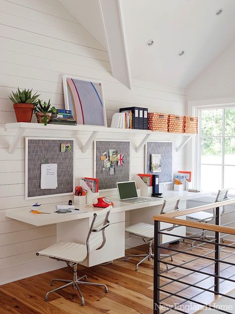 New England Home: Gorgeous light filled second-story loft space with cable railing offers a spot for ... Kids Desk Area, Kids Homework Station, Homework Room, Kids Workspace, Rustic Home Offices, Homework Station, Kids Office, Wood Walls, Modern Rustic Homes