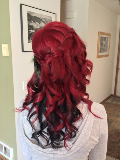 Waterfall braid, bright red with black underneath Red Hair Black Underneath Colour, Red Hair Black Underneath, Red Hair With Black Underneath, Red Hair Wedding Hairstyles, Red Hair Underneath, Red Hair Wedding, Pink Underneath Hair, Red Hair Looks, Peekaboo Highlights