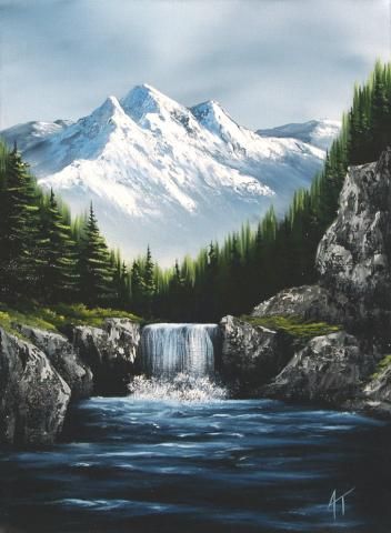 Winter Waterfall Painting, Bob Ross Waterfall Paintings, Paintings Of Waterfalls, Mountain Waterfall Painting, Mountain Waterfall Drawing, How To Paint A Waterfall, Beautiful Landscapes Paintings Acrylics, Waterfall Painting Easy, Mountain With Waterfall