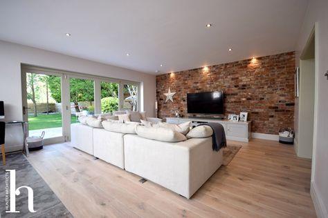 Brick Wall Living Room, Brick Feature Wall, Brick Living Room, Feature Wall Living Room, Bifold Door, Open Plan Kitchen Living Room, House Extension Design, Open Plan Living Room, House Extension