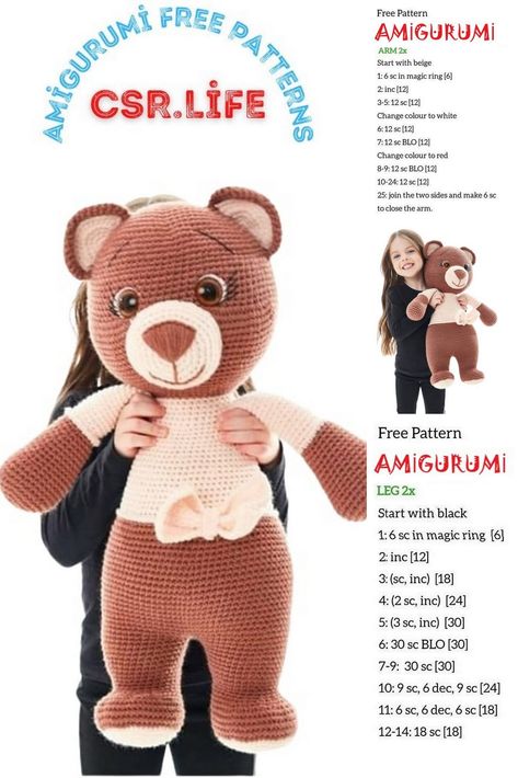 Amigurumi Big Bear Free Crochet Pattern Crochet Teddy Bear Pattern Free, Teddy Bear Patterns Free, Teddy Bear Knitting Pattern, Large Teddy Bear, Amigurumi For Beginners, Bear Patterns Free, Crochet Doll Tutorial, Crochet Animal Amigurumi, Crochet Teddy Bear Pattern