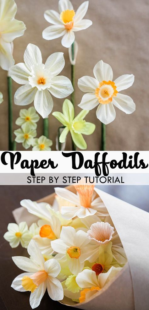 Paper Daffodil Flower Tutorial 3 D Paper Flowers How To Make, Easter Paper Flowers Diy, How To Make Crepe Paper Flowers Step By Step, Diy Daffodil Flower, Paper Daffodils Diy How To Make, How To Make Fake Flowers, Daffodil Paper Flower, Paper Flower Diy Easy, Diy Fake Flowers