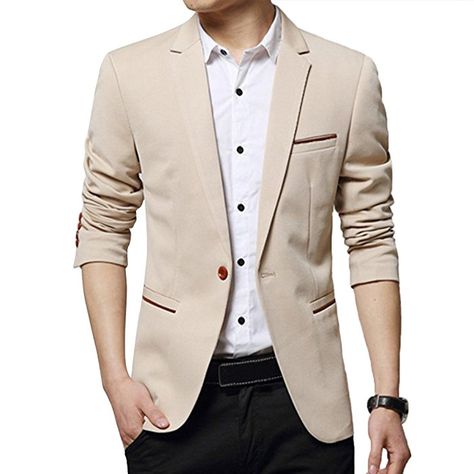 Sweet beige blazer. Blue Slim Fit Suit, Mens Suit Jacket, Mens Fashion Smart, Slim Fit Suits, Fashion Business Casual, Single Button Blazer, Fitted Suit, Casual Suit, Business Suit