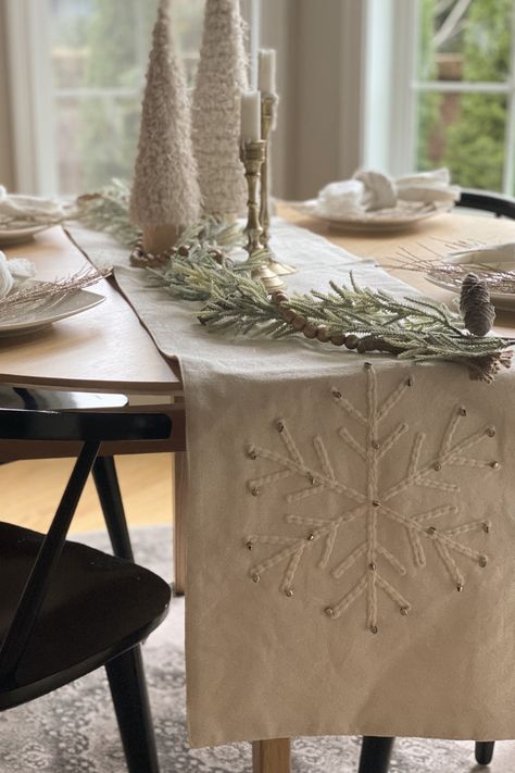 Check our website to explore different holiday ideas and decor this season! Christmas Embroidery Table Runner, Christmas Runners Table, Christmas Table Runner Ideas, Coasters Photography, Table Embroidery, Christmas Textiles, Christmas Runners, Snowflake Table Runner, Runner Embroidery