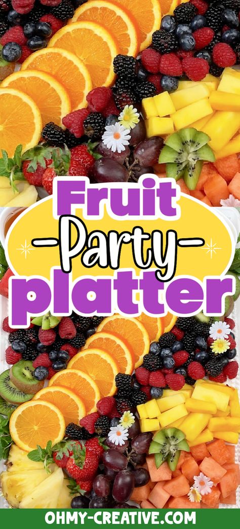 Everyone that loves charcuterie boards will also enjoy this colorful Fruit Party Platter! It’s one of my favorite Creative Charcuterie Board Ideas because it’s so bright and nutritious (and extremely tasty). Brunch Fruit Charcuterie Board, Party Fruit Trays Ideas, Fresh Fruit Trays Party Ideas, Fruit Platter For Party, Fruit Tower Display, Fun Fruit Tray Ideas, Simple Fruit Charcuterie Board, Small Fruit Charcuterie Board, Hawaiian Fruit Platter