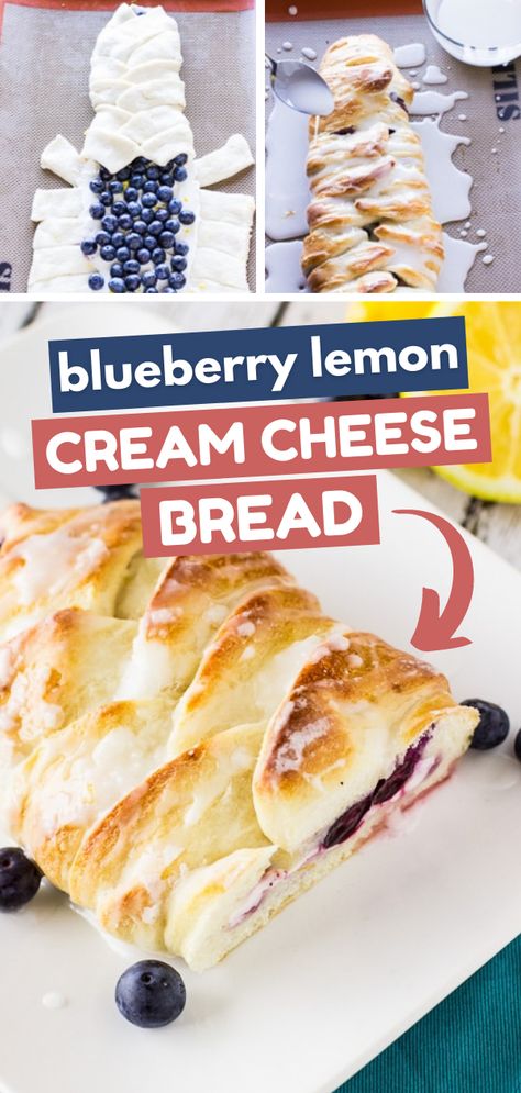 Blueberry Lemon Cream Cheese Bread Bread Braid Recipes, Blueberry Cream Cheese Bread, Blueberry Lemon Cream Cheese, Quick Bread Recipes Easy, Cream Cheese Bread, Lemon Cream Cheese, Brunch Bread, Lemon Bread, Braided Bread