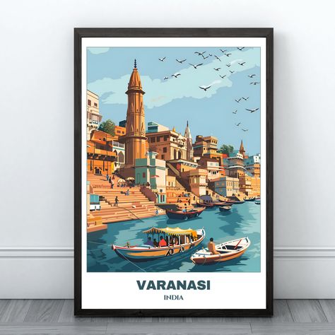 Varanasi Travel Printable Poster - India Travel Poster -Varanasi Painting - Digital Print Wall Art -India Home Decor - Varanasi Illustration Varanasi Illustration, Varanasi Painting, Varanasi Photography, Chic Art Prints, Urban Art Prints, India Landscape, Landmark Poster, India Poster, India Trip