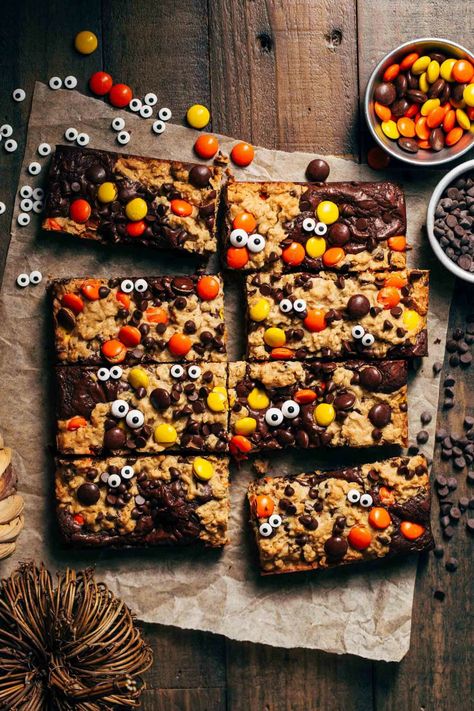 These monster brookies are a delicious combination of soft monster cookie dough and fudgy brownie batter. Add candy eyes for a spooky halloween treat! #brookies #monstercookie #butternutbakery | butternutbakeryblog.com Soft Monster Cookies, Monster Cookie Dough, Butternut Bakery, Best Gingerbread Cookies, Candy Bar Cookies, Candy Eyes, Monster Cookie Bars, Reese's Pieces, Peanut Butter Candy