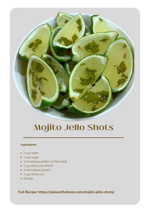 The perfect summer recipe. I used the recipe from: https://abeautifulmess.com/mojito-jello-shots/. #summerdrinks #jelloshots #lime Mojito Jello Shots In Lime Wedges, Cool Jello Shots, Mojito Jello Shots Recipe, Cute Jello Shots, Petri Dish Jello Shots, Drinks Decoration Ideas, A Tiny Bit Older Party Theme, Lime Shots, Mojito Jello Shots