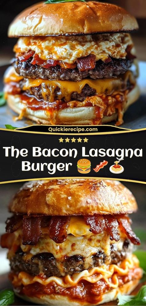 The Bacon Lasagna Burger is a mashup of all the best flavors from lasagna and a juicy burger, with crispy bacon as the ultimate topping. This indulgent creation layers beef, melty cheese, and rich marinara sauce between a soft burger bun, giving you all the satisfaction of a lasagna in handheld form! Bacon Lasagna, Burger Bun, Juicy Burger, Melty Cheese, Burger Recipe, Burger Buns, Crispy Bacon, Burger Recipes, Marinara Sauce