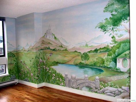 The Shire Mural | A whimsical painting depicting a theme of … | Flickr Tree House Bedroom, Bedroom Art Painting, Seni Mural, Mural Artist, Tree House Kids, Baby Room Themes, Tree Mural, Nursery Mural, Wall Murals Painted