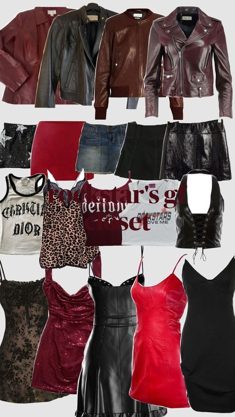 Rockstar's gf closet. MUSTS!! #rockstargf #rockstar #clothes #red #black #closet #rocknroll #rocknrollgf #bands #outfits Y2k Clothes Grunge, Rockstar Formal Outfit, Rockstar Gf Pants, Rockstar Girlfriend Party Outfit, Rockstar Looks Women, Rock Star Girlfriend Outfit Aesthetic, Black And Red Aesthetic Clothes, Rockstar Girlfriend Moodboard, Rockstar Gf Shoes