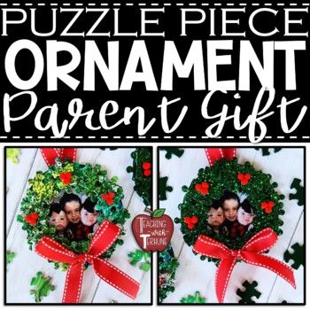 Looking for a student-made parent gift for Christmas? These puzzle piece wreath ornaments are so cute they make the perfect gift for your students to give to their parents for Christmas!This non-breakable craft is quick, easy, and cheap for your students to make! This download includes step-by-ste... Gifts From Students To Parents, Puzzle Piece Crafts, Red Pom Poms, Parents Christmas, Ornament Template, Puzzle Crafts, Snowman Gifts, Alphabet Poster, Puzzle Piece