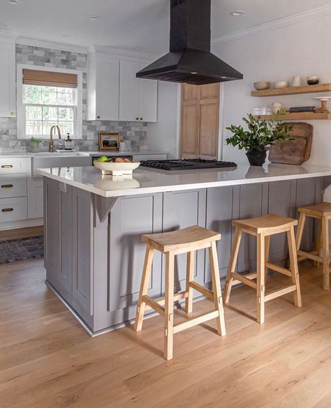 Dark Grey Kitchen Peninsula, Peninsula Stove Kitchen Ideas, Types Of Kitchen Peninsulas, Long Kitchen Peninsula, Farmhouse Peninsula Kitchen, Kitchen Island Coming Out From Wall, Long Galley Kitchen With Peninsula, Painted Peninsula Kitchen, Kitchen Island From Wall