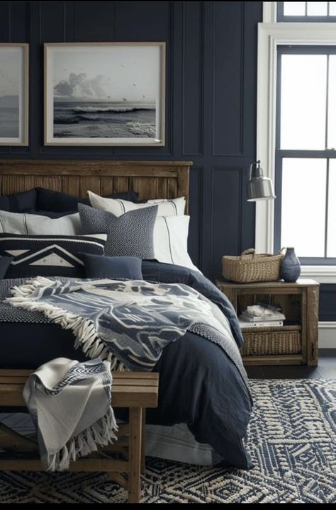 Navy Blue Bedroom Farmhouse, Navy Blue Bedding Bedroom, Navy Blue Moody Bedroom, Dark Costal Bedroom, Moody Beach Bedroom, Dark Navy Blue Bedroom, Masculine Coastal Bedroom, Navy Blue Master Bedrooms Decor, Moody Navy Bedroom