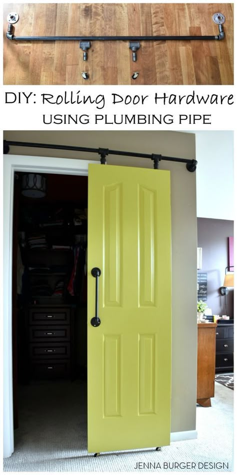 DIY: Rolling door hardware using plumbing pipe. Get the look + function of a rolling door for about $60. Custom size to fit your space. Tutorial by www.JennaBurger.com Burger Design, Rolling Door, Pipe Furniture, Pocket Door, Diy Barn Door, Plumbing Pipe, Interior Barn Doors, Diy Door, Barn Doors Sliding