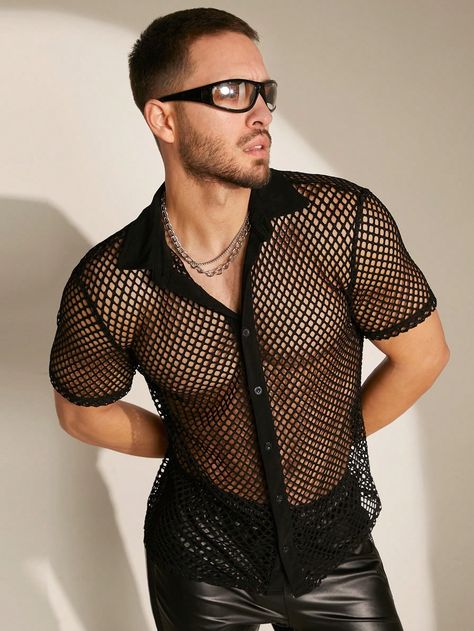 Men's Loose Casual Fishnet Knitted See Through Shirt, Slim Fit Short Sleeve Button Up Party Sexy Shirt, Boyfriend Gift Multicolor Sexy,Street  Short Sleeve Mesh Fabric Plain Shirt Non-Stretch  Men Clothing, size features are:Bust: ,Length: ,Sleeve Length: Mesh Outfit Men, Succubi Aesthetic, Men Club Outfit Night, Gay Club Outfit, Club Outfits Men, Fishnet Outfit, Fishnet Shirt, Mesh Outfit, Party Outfit Men