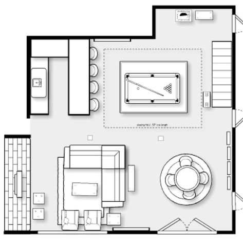 Family Room And Game Room Combo, Game Room Living Room Combo, Sectional Game Room Layout, Family Game Room Basement, Upstairs Game Room Ideas Layout, Family Game Room Design Modern, Basement Multipurpose Room Layout, Game Room Layout Floor Plans, Entertainment Room Floor Plan