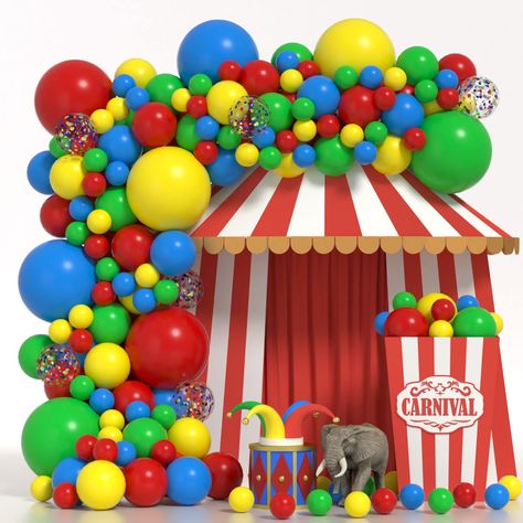 Clown Party Decorations, Carnival Balloon Arch, Carnival Balloons, Circus Balloons, Circus Ideas, Clown Birthday, Carnival Party Decorations, Rainbow Party Supplies, Hoco 2024