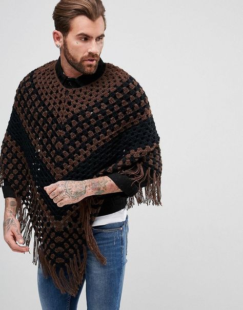 ASOS Crochet Poncho In Brown Crochet Poncho Men, Poncho For Men, Poncho Men, Witch Clothes, Mens Poncho, Crochet Capelet, February Baby, Crochet Men, Crochet Poncho Free Pattern