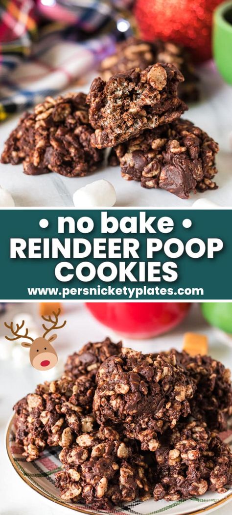 These Reindeer Poop Cookies will make kids and adults snicker while also being your new favorite no-bake Christmas cookie! Reindeer Poop Cookies Recipe, Reindeer Poop Cookies, Caramel Marshmallows, Reindeer Poop, Bake Christmas, Christmas Baking Cookies, Cookie Balls, Recipes Holiday, Eggless Recipes