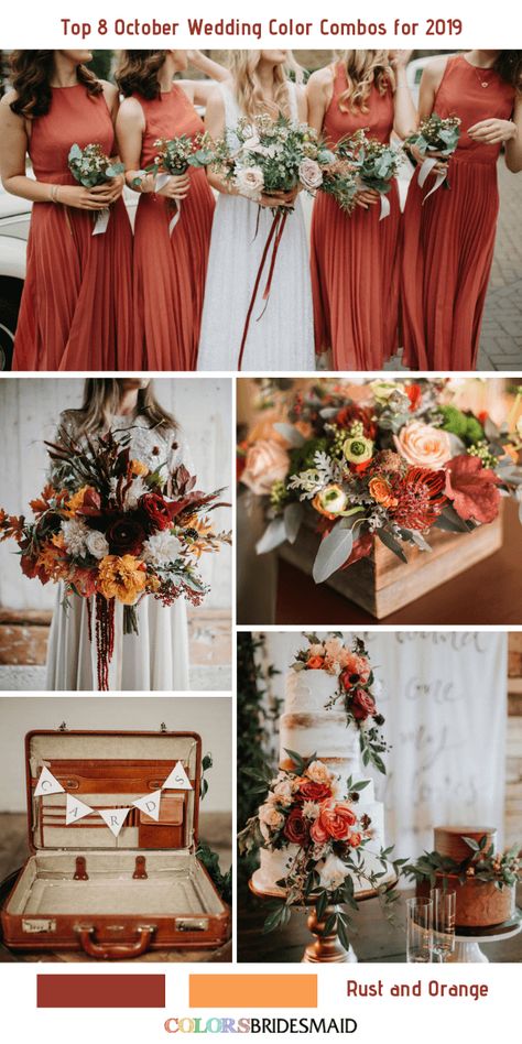 Top 8 October Wedding Color Combos for 2019- Rust + Orange. #colsbm #weddings #weddingideas #bridesmaiddresses #fallwedding #rustwedding b1384 Wedding Colors Country, October Wedding Colors, Rust Bridesmaid Dress, Rusting Wedding, Wedding Color Scheme, Fall Wedding Color Palette, Orange Bouquets, Wedding Color Combos, Wedding Color Trends