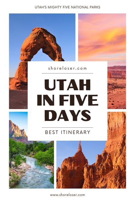 Here is the best itinerary for a national park road trip in Southern Utah for five days coming from Las Vegas. See how you can hit all 5 national parks in Utah (nicknamed the mighty five) in just 5 days with this jam packed travel guide.  This is the ultimate trip to discover the southwest and explore parks like Arches, the Canyonlands, Bryce Canyon, Capitol Reef and Zion. Find out the best hikes to take, what you need to bring, what hotels to stay at, and what restaurants to visit. Mighty Five Itinerary, Utah National Parks Road Trip Itinerary 5 Days, Utah Big 5 Road Trip, Mighty Five National Parks, Utah Travel Itinerary, Utah National Parks Road Trip Itinerary, Vegas To Zion Road Trip, Things To Do In St George Utah, Utah Road Trip Itinerary