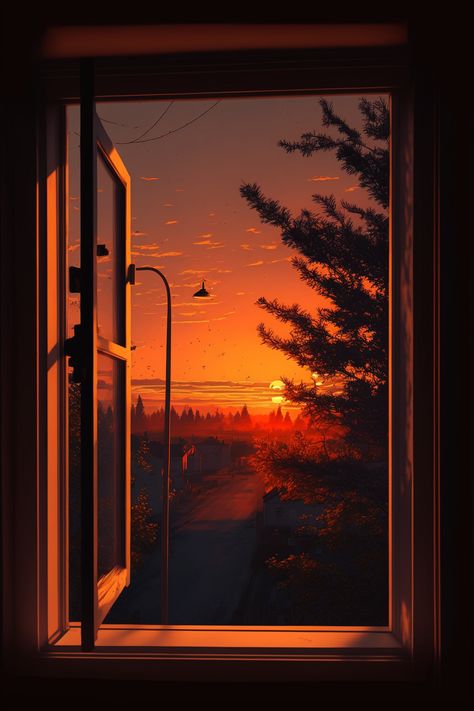 AI GENERATED ORANGE WINDOW SUNSET Sunset Through Window Aesthetic, Sunset Window Painting, Window Image Shadow, Sun Through Window, Sunset Aesthetic Background, Sunset Through Window, Sunset View Aesthetic, Golden Hour Painting, Window Reference