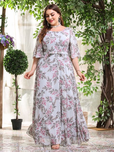 Multicolor Boho  Half Sleeve Chiffon Plants,All Over Print A Line Embellished Non-Stretch Spring/Summer Plus Size Dresses Long Sleeve Maxi Dresses, Types Of Gowns, Chic Cocktail Dress, Long Sleeve Chiffon Dress, Plants Print, Maxi Dresses For Women, Evening Gowns Elegant, Bohemian Maxi Dress, Chiffon Long Sleeve