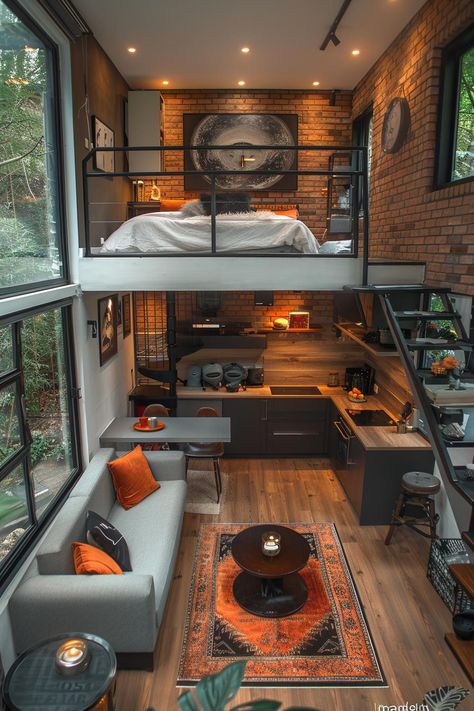 16 Unique Modern Tiny House Ideas to Inspire 31 Simple Tiny House Interior, Small Lofts Ideas, Tiny House With Loft Bed, Glamping Tiny House, Space Saving House Design, Cement Tiny House, Creative Home Design Ideas, Cool House Ideas Creative Interior Design, Tiny House Inspiration Loft