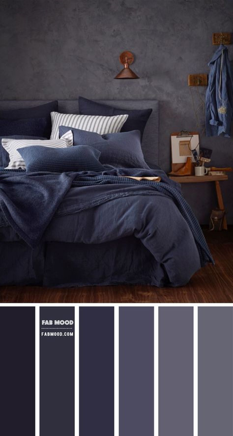 Navy blue bed linen set from Secret Linen Store. Dark Blue Colour Palette For Bedroom  A beautiful calm and soothing earth tones bedroom colour... Navy Bedrooms, Dark Blue Bedrooms, Navy Blue Bedrooms, Blue Linen Bedding, Bedroom Colour, Wedding Color Palettes, Themes Wedding, Bedroom Colour Palette, Moody Bedroom