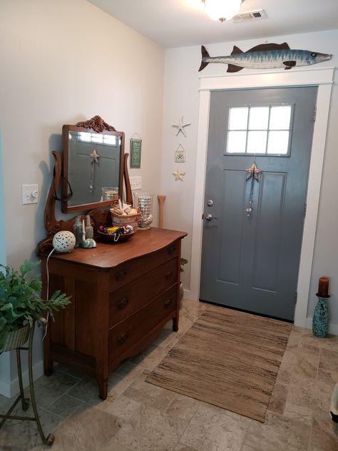 Entry way with antique dresser Antique Dresser In Living Room Decor, Dresser At Entryway, Dresser In Foyer Entryway, Antique Dresser Entryway, Antique Dresser In Living Room, Dresser Entryway Ideas, Dresser In Entryway, Goth Farmhouse, Entryway Dresser