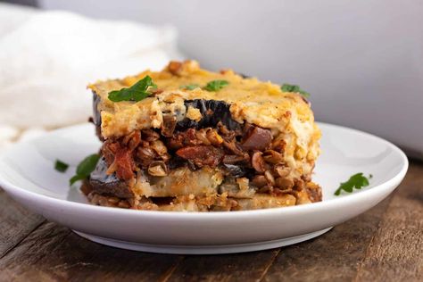 Vegan Moussaka with Lentils - My Greek Dish My Greek Dish, Orthodox Fasting, Vegan Bechamel Sauce, Greek Moussaka, Vegan Moussaka, Meze Platter, Greek Dinner, Fasting Recipes, Moussaka Recipe