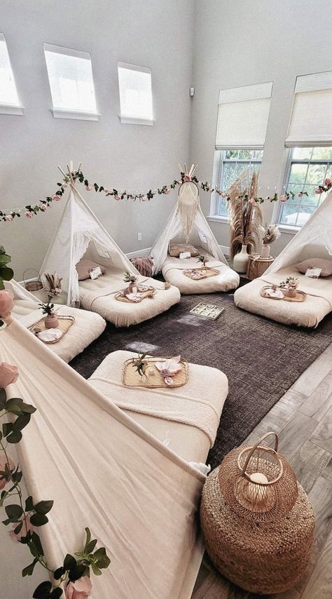 Teepee Sleepover Teepee Tent Sleepover Party Diy, Tipi Birthday Party, Boho Teepee Sleepover Party, Sleepover Ideas Tents Teepees, Sleepover Party Set Up, Cute Sleepover Birthday Party Ideas, Tp Tent Birthday Party, Teepee Party Ideas, Boho Sleepover Party