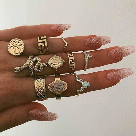 Amazon.com: Nicute Boho Gold Ring Set Finger Rings Sets Vintage Snake Knuckle Rings for Women and Girls(10 Pieces): Clothing Fashion Ring Set, Midi Ring Set, Ring Sets Boho, Boho Crystal, Knuckle Ring, Midi Ring, Trendy Ring, Knuckle Rings, Bohemian Rings