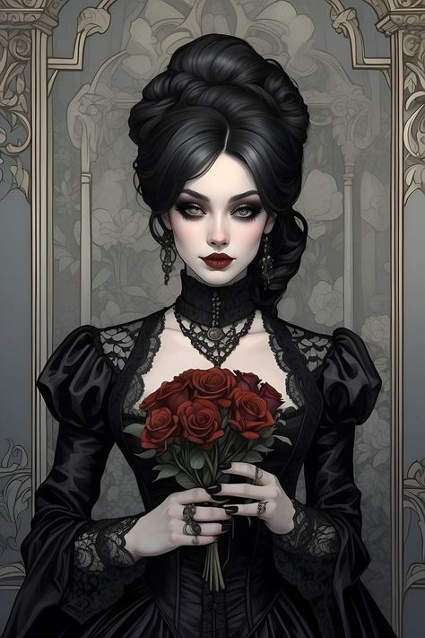 Black Dress With Roses, Victorian Makeup, Victorian Gothic Dress, Gothic Girl Art, Modele Fitness, Dark Fantasy Artwork, Etiquette Vintage, Gothic Wallpaper, Gothic Fantasy Art